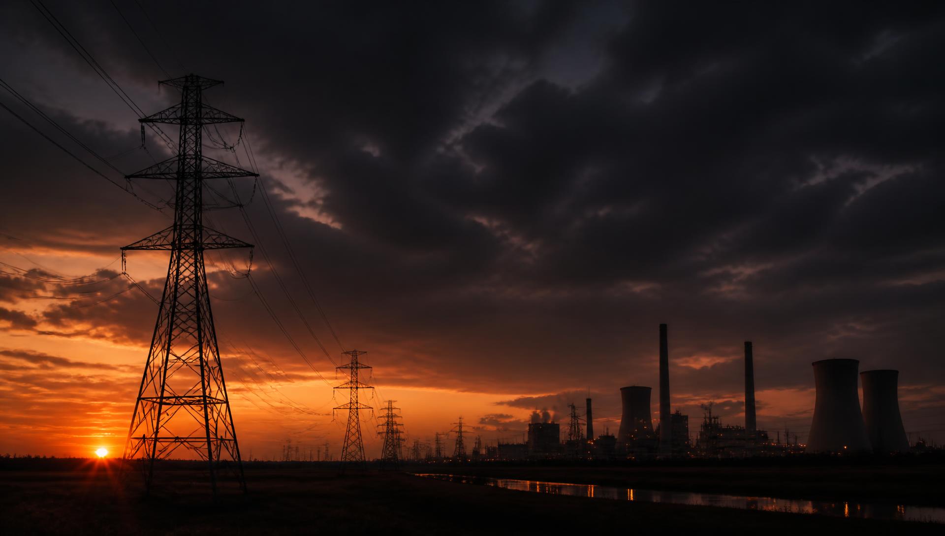Linhas de transmissão e planta industrial ao entardecer